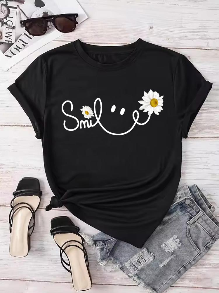Beautiful Daisy Smile Letter Printed T Shirt Harajuku Fashion Graphic Black T Shirt Shirt Casual O-neck Female Tops Tee
