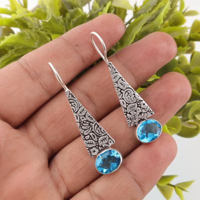 Schweizer Blautopaz Ohrringe Edelstein, 925 Massiv Sterlingsilber Ohrringe Schmuck, Handgefertigte Ohrringe, Silberschmuck zum Verschenken