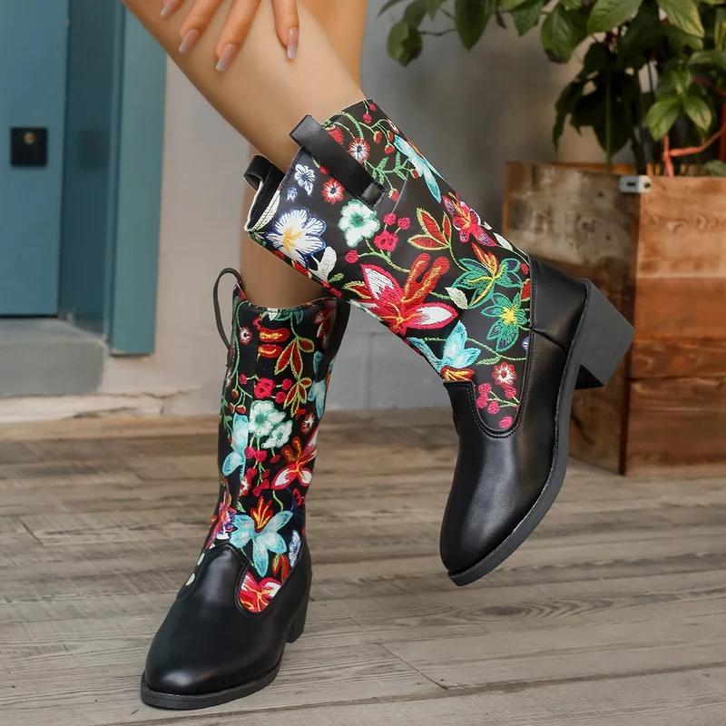 Autumn Winter chunky women's riding boots new leather flower embroidered pointed toe square heel shoes for women mid calf boots