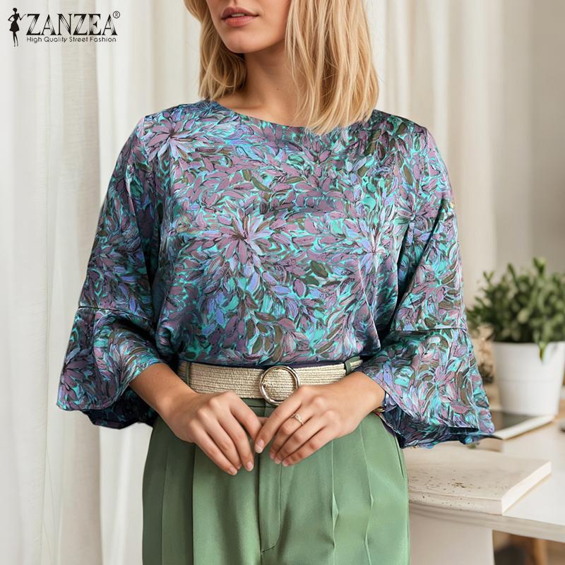 ZANZEA Women Loose Round Neck 3/4 Sleeve Casual Print Blouse