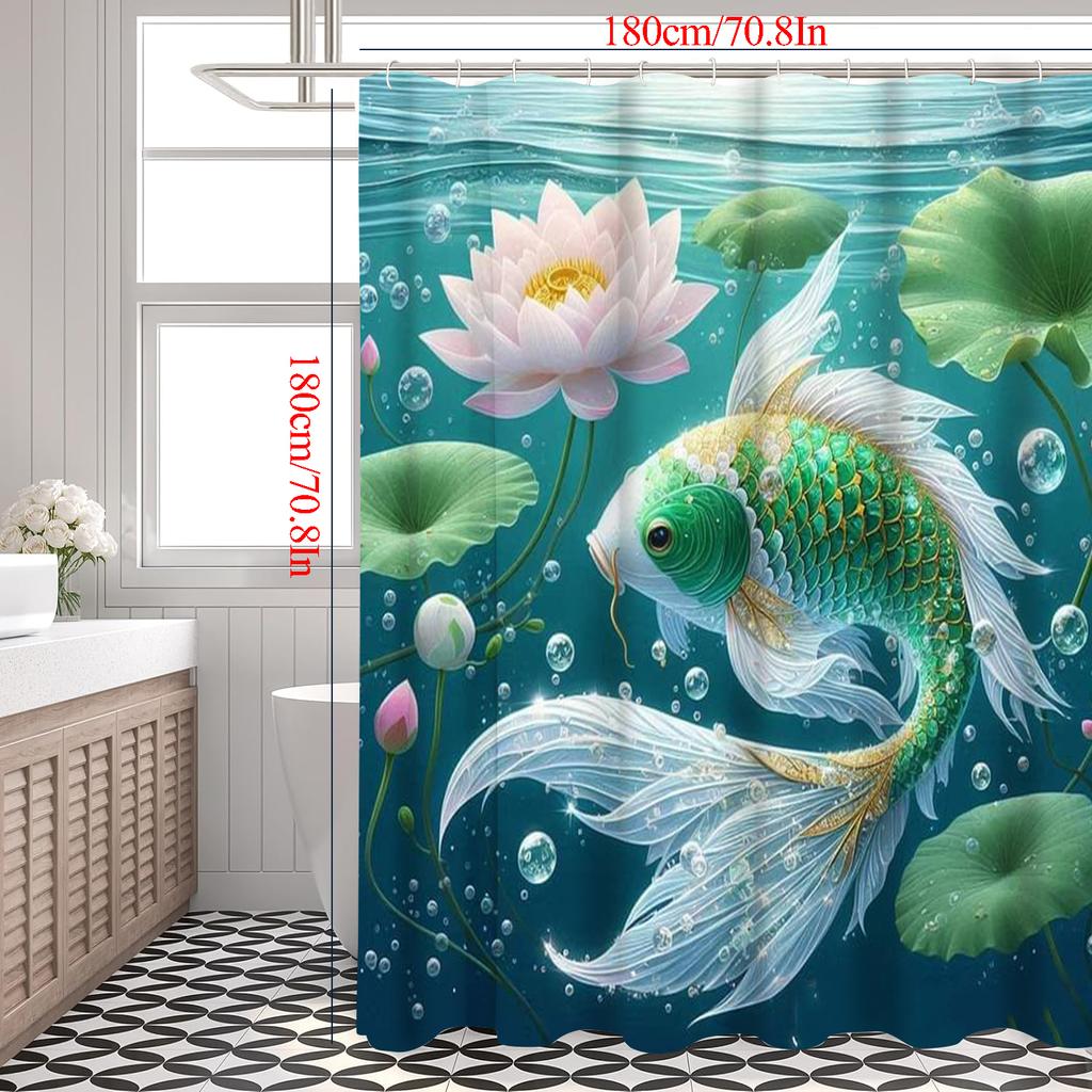 Lotus Fishes Pattern Bathing Curtain  Bathroom Shower Curtain Waterproof With 12 Hooks Home Deco Free Ship