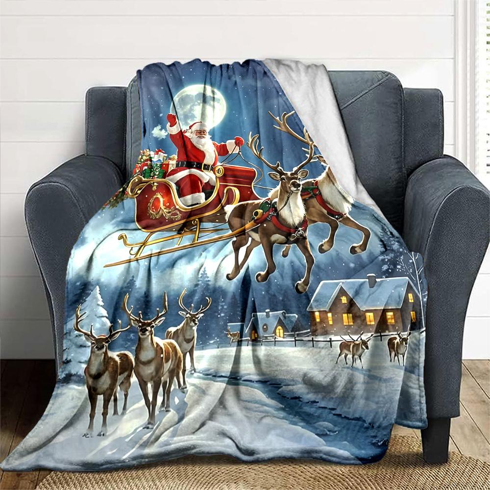 1pc Santa Claus, reindeer sleigh blanket Lightweight Flannel Throw for Sofa Bed Travel Camping Livingroom Office Couch Chair