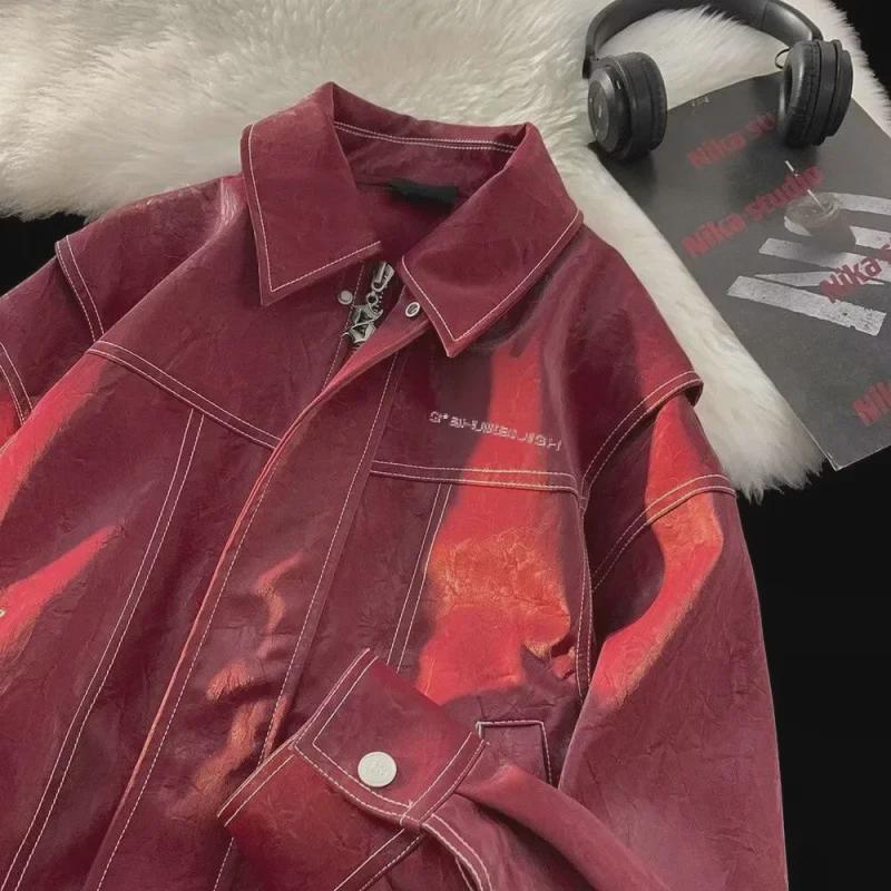 Unisex Vintage Red Leather Jacket: Loose, Casual Autumn Retro Style