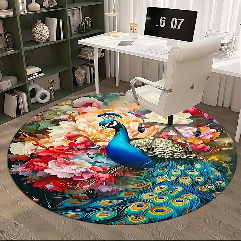 1pc Peacock Floral Round Carpet Anime Design Office Chair Mat, Non Slip Rug for Home Decor, Gift, Office, Living Room, Bedroom