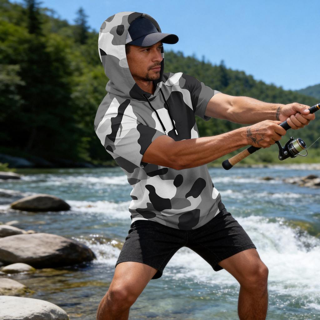 Sudadera con Capucha para Hombre Estampado de Camuflaje Manga Raglán Casual Pesca Deportiva Protección Solar Manga Corta Ligera Transpirable Camisa para Exteriores