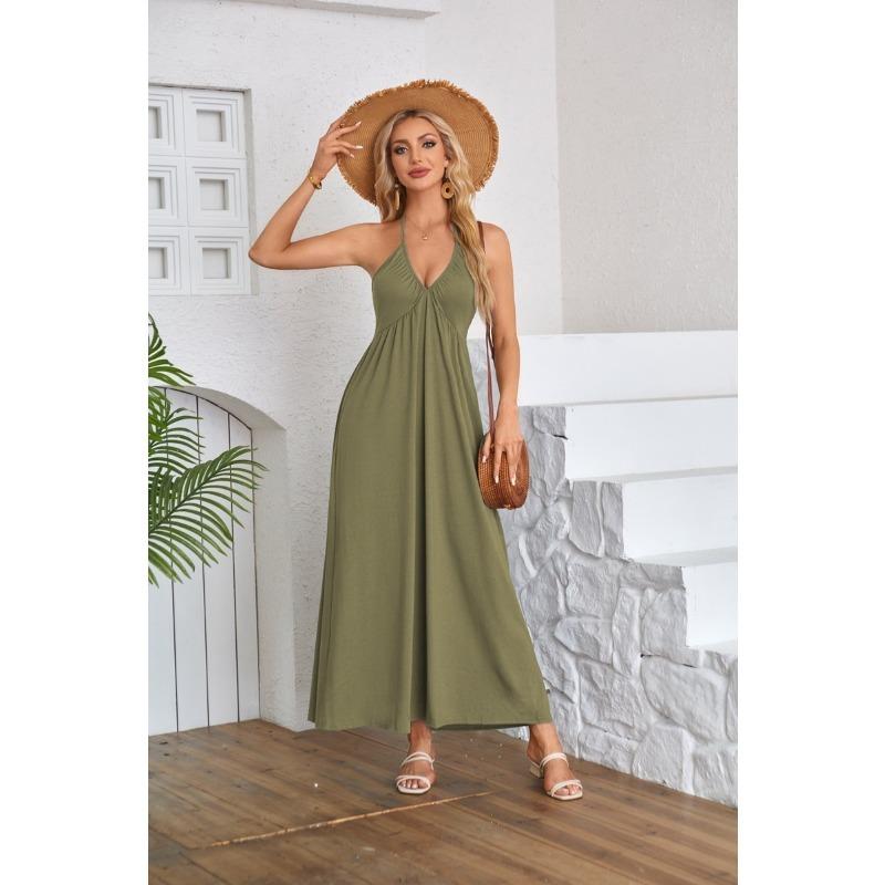 Fashion Sleeveless Party Sexy Dress Women Summer Clothing Backless Solid V-neck Loose Casual Dress Office Lady Elegant Pleated A-line Dresses 1077