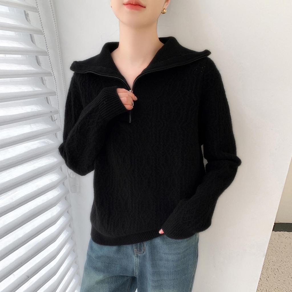 100% Wool Lapel Half-Zip Hollow Out Knitwear, Long Sleeve, Women's Thickened Base Layer for Autumn/Winter 2025