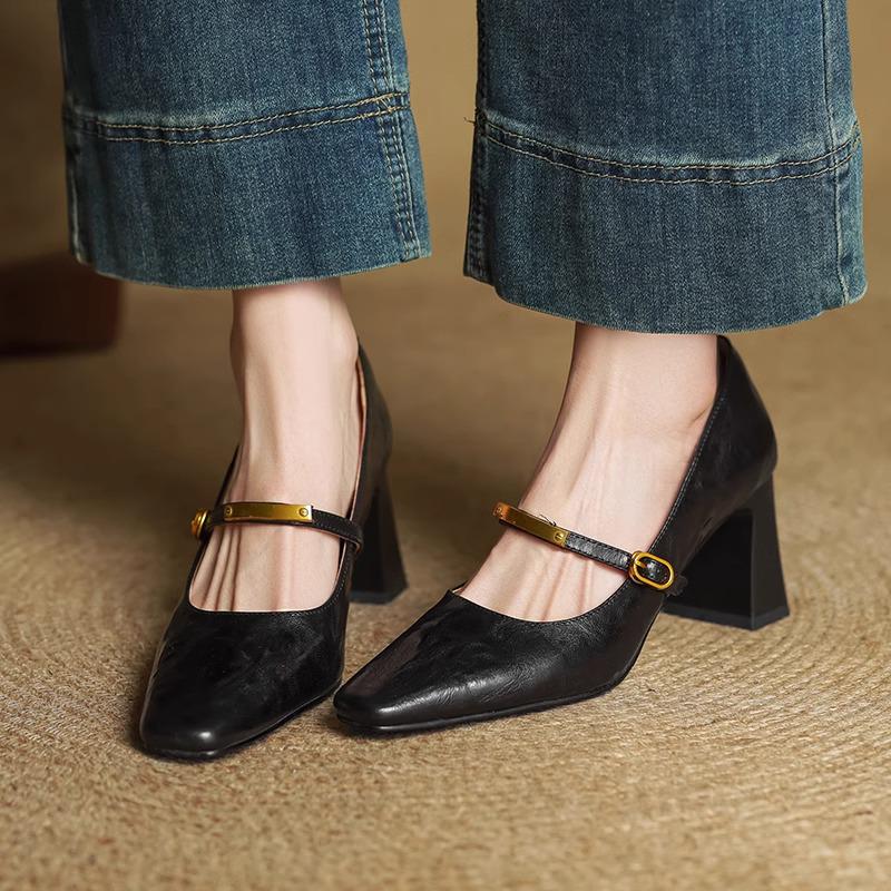 

Black Genuine Leather Sheepskin Block Heel Mary Jane Shoes for Women - Spring 2025 38