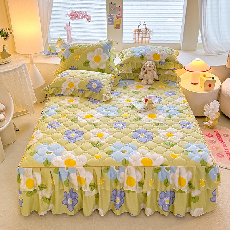 Fustă de pat prințesă matlasată cu dantelă în stil coreean – Cuvertură de pat groasă, din mătase periată, rezistentă la praf