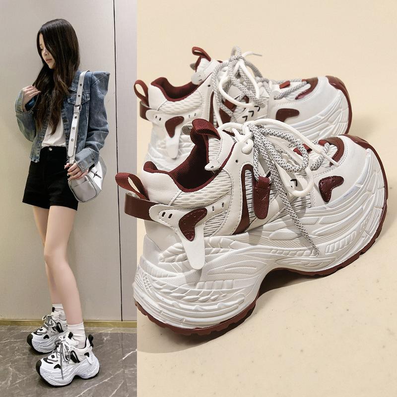 Paris Leather Small Man Height Increase 8cm Dad Shoes Women's Korean Version Color Matching Thick-soled Round Head Versatile Casual Sports Shoes