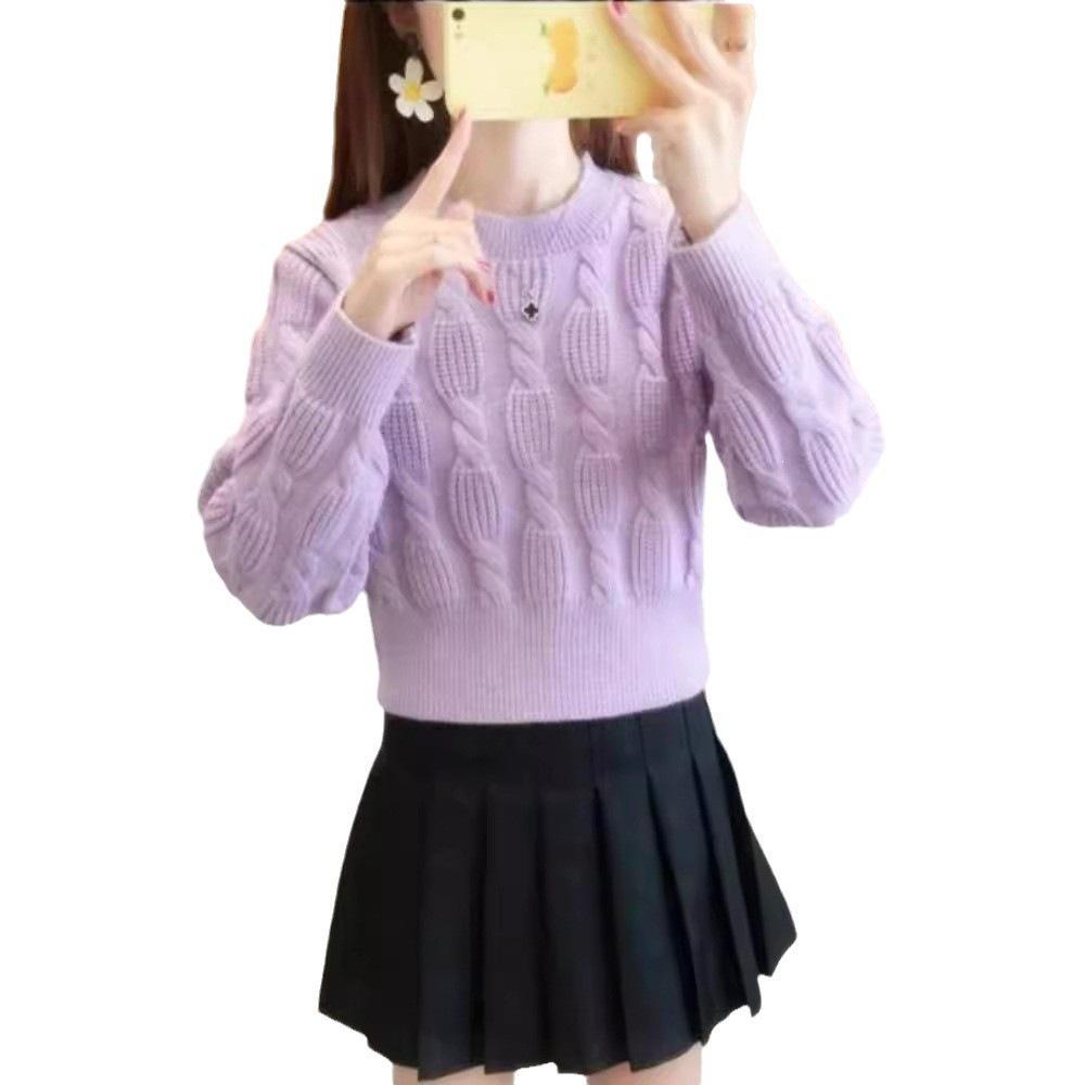 Korean Style Sweet Cable Knit Women's Slim Pullover Sweater - Autumn Winter Short Round Neck Base Layer Knitwear.