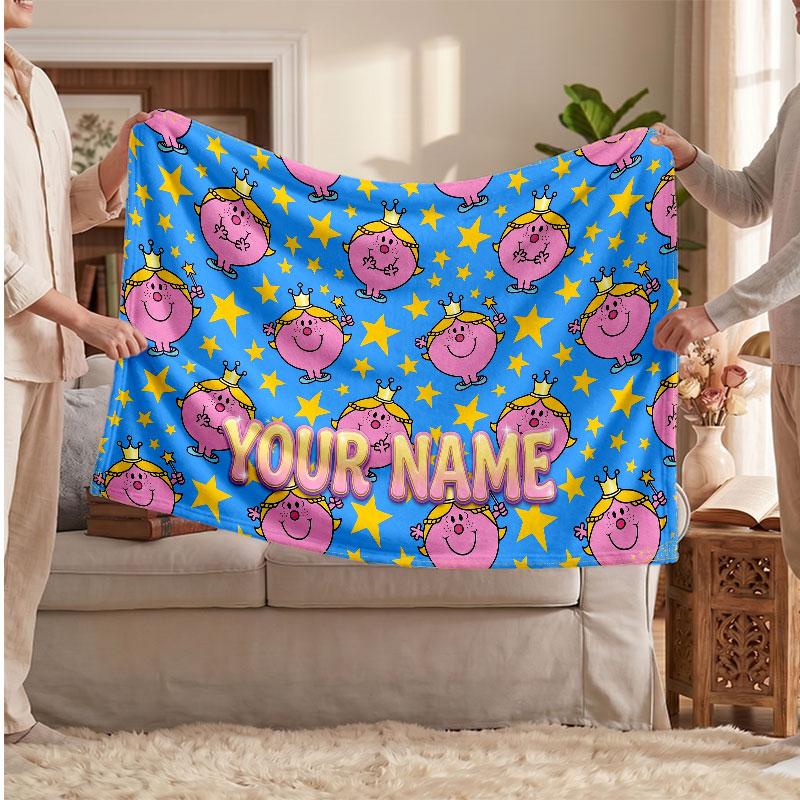 Mr. Men & Little Miss Personalized Flannel Blanket, Custom Printed Text Name, Warm Soft Blanket For Couch Bed