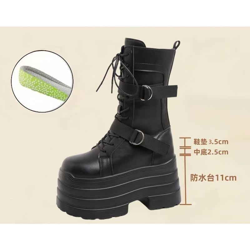 Fashion 17CM High Platform Gothic Boots Buckle Autumn Winter Leather Shoes Punk Street Cosplay Mid-calf Boots Motorcycle Short Botas