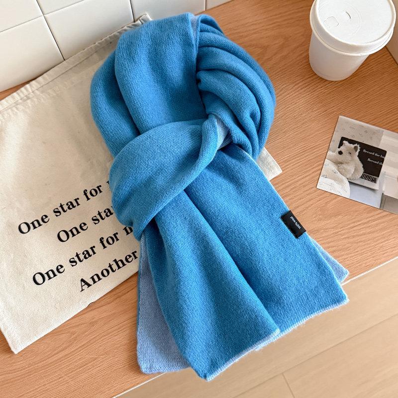 Age-reducing Korean version of blue polka dot double-sided pure knitted scarf for women's winter versatile students thickened warm scarf