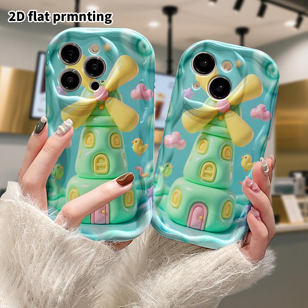 Phone Case: 2D flat design suitable for iPhone 18 17 16 15 14 13Pro, mint green windmill cottage, perfect Christmas and Halloween holiday gift