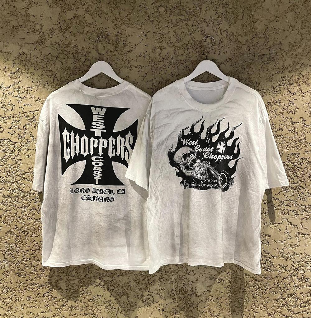 Summer New West Coast Choppers American High Street Print Short Sleeve Men's and Women's Loose Vatage Style Old Unseix T-Shirt