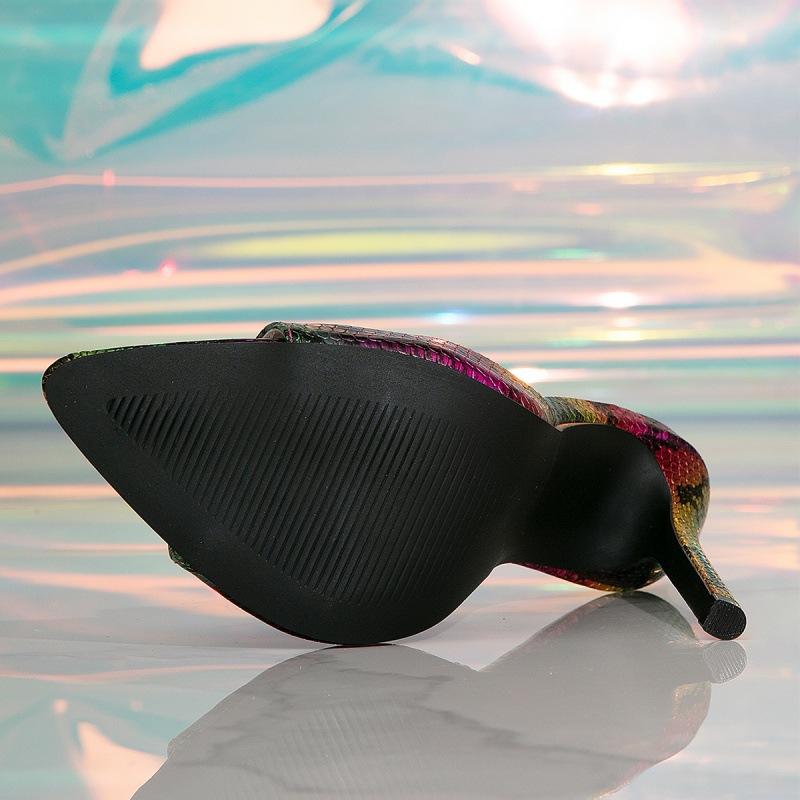 2025 nye modeller, superhøye hæler sandaler med spiss tå og fisemunn, slangeskinnmønster, på lager.