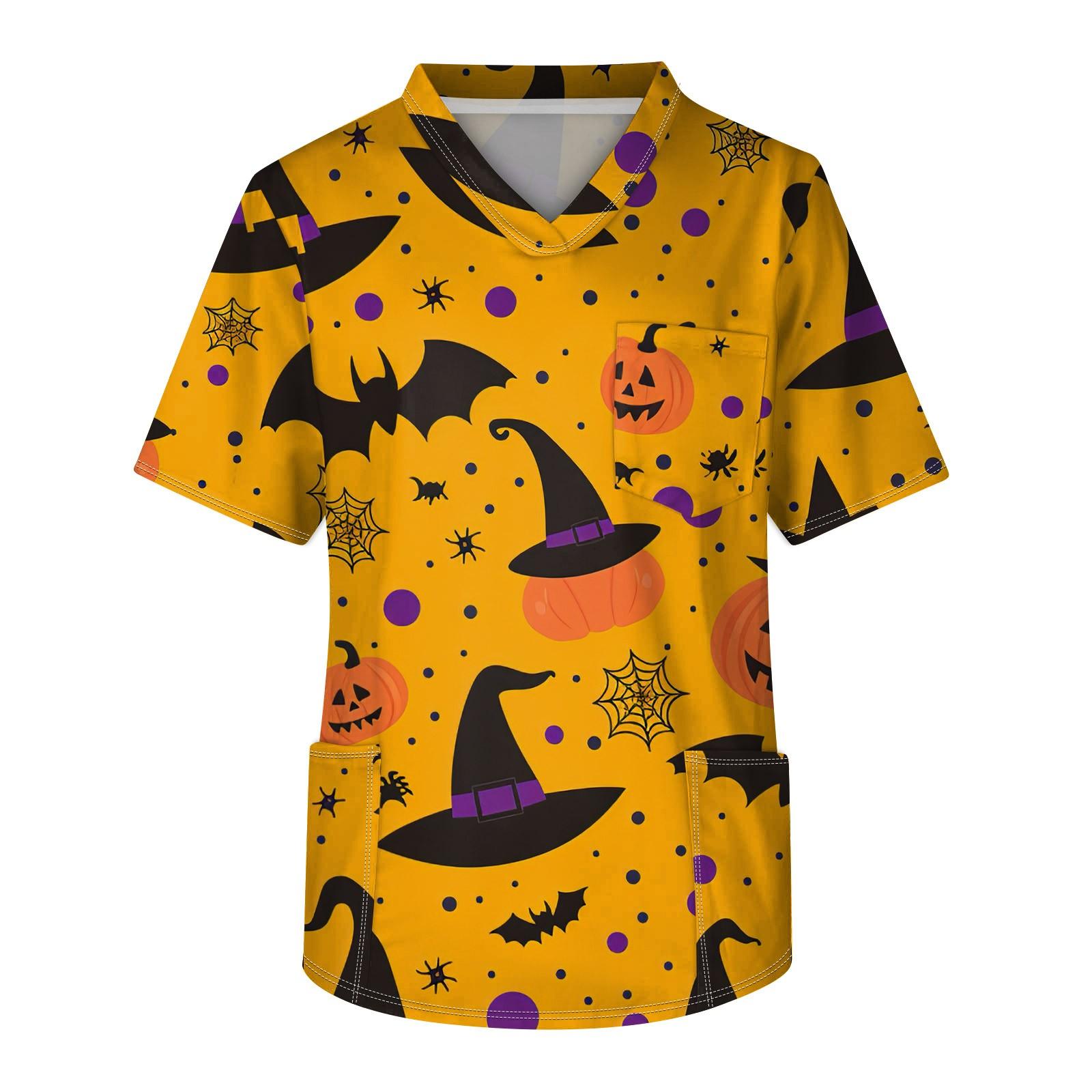 

Мужской топ с короткими рукавами и v-образным вырезом на Хэллоуин с принтом на груди и карманом для ухода за кожей L жёлтый