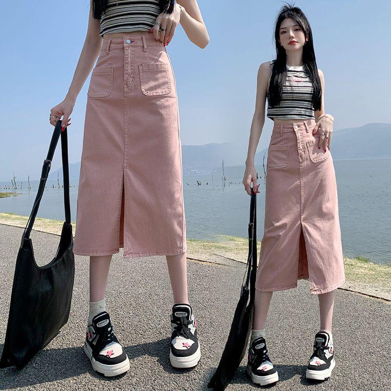 

Commuting Fashion Retro Front Slit A- line Denim Skirt High Waist Slim Looking Spring New Arrival Mid Length Long Length Bodycon Dress Pink 2XL