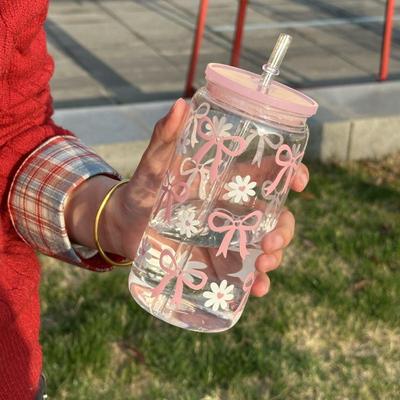 Taza de Cristal con Lazo Lindo Taza de Agua de Dibujos Animados Taza de Cristal con Lazo a Rayas Lindo Doodle Taza de Café para el Hogar Té de Frutas Limonada Regalo para Niñas