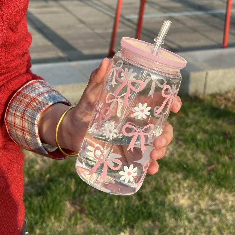 Bow Glass Cute Water Cup Cartoon Bow Glass Cup Striped Cute Doodle Coffee Mug Household Fruit Tea Lemonade Girls Gift