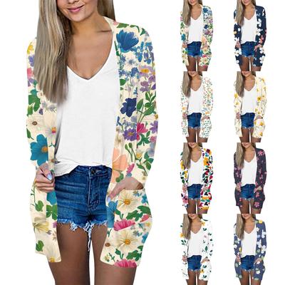 Damen Casual Mode Floral bedruckte Langarm Mittellange Strickjacke Jacke