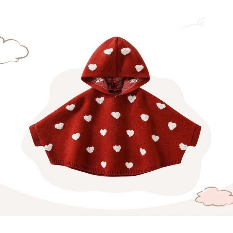 Girls Winter Knit Cape Hooded Cardigan Toddlers 1-3 Years Soft Acrylic Poncho With Heart Design