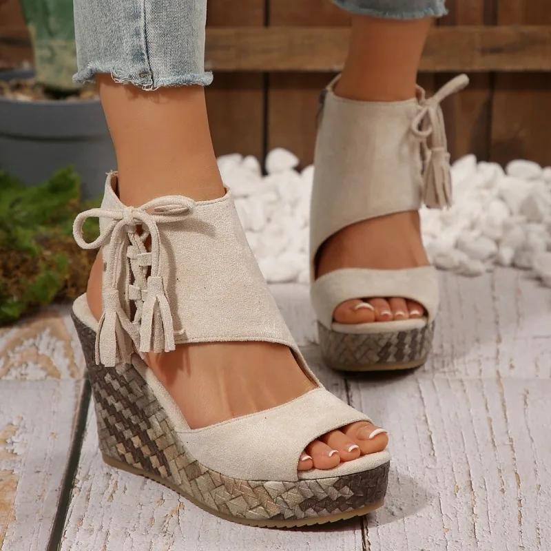 Fashion Summer Sexy Elegant Platform Wedges Open Toe Ladies Shoes Khaki Suede Leather Women's 10cm Ultra High Heels Hollow Out Sandals
