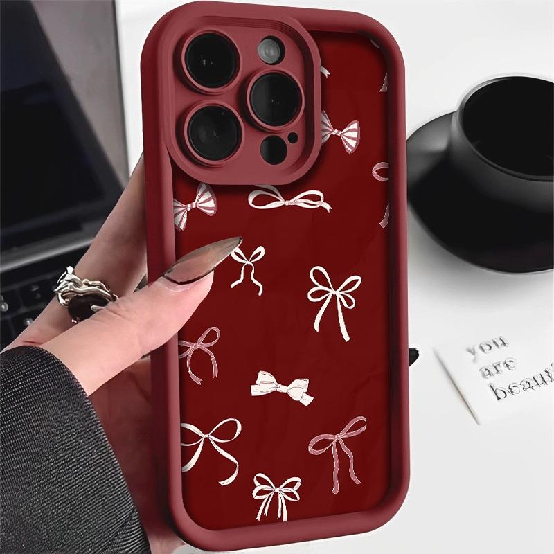 

Wine Red with White Bow Fashion Pattern Phone Case For iPhone 17 Pro Max 16 15 14 13 12 11 XS Max X XR 7 8 Plus 16E 17 Air Cover iPhone SE (2020)