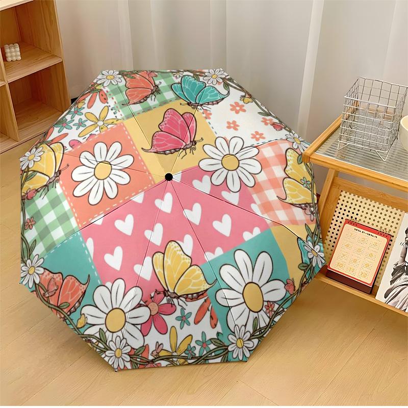 Butterfly Flower Circle (1) Printed Umbrella Windproof Folding Umbrella Portable Sun and Rain Umbrella Suitable for Gifting