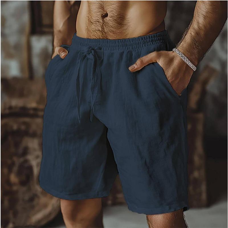 New cotton and linen shorts, drawstring elastic waist straight legs, solid color breathable daily beach five-point casual pants