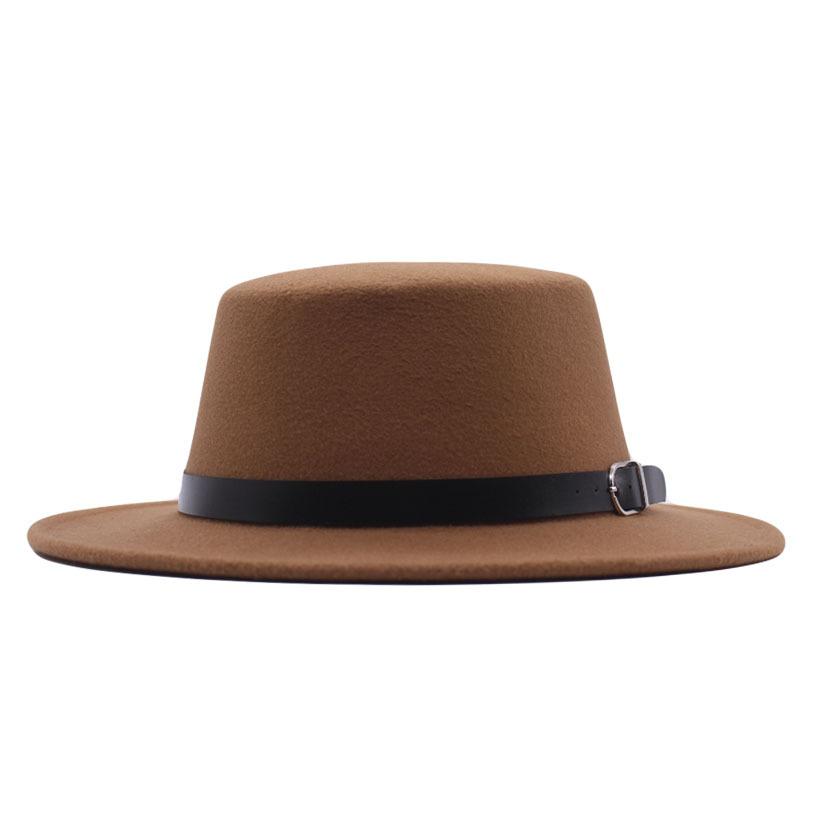 European and American new flat-brimmed flat-top hat woolen top hat women's fashion black belt jazz hat Panama hat