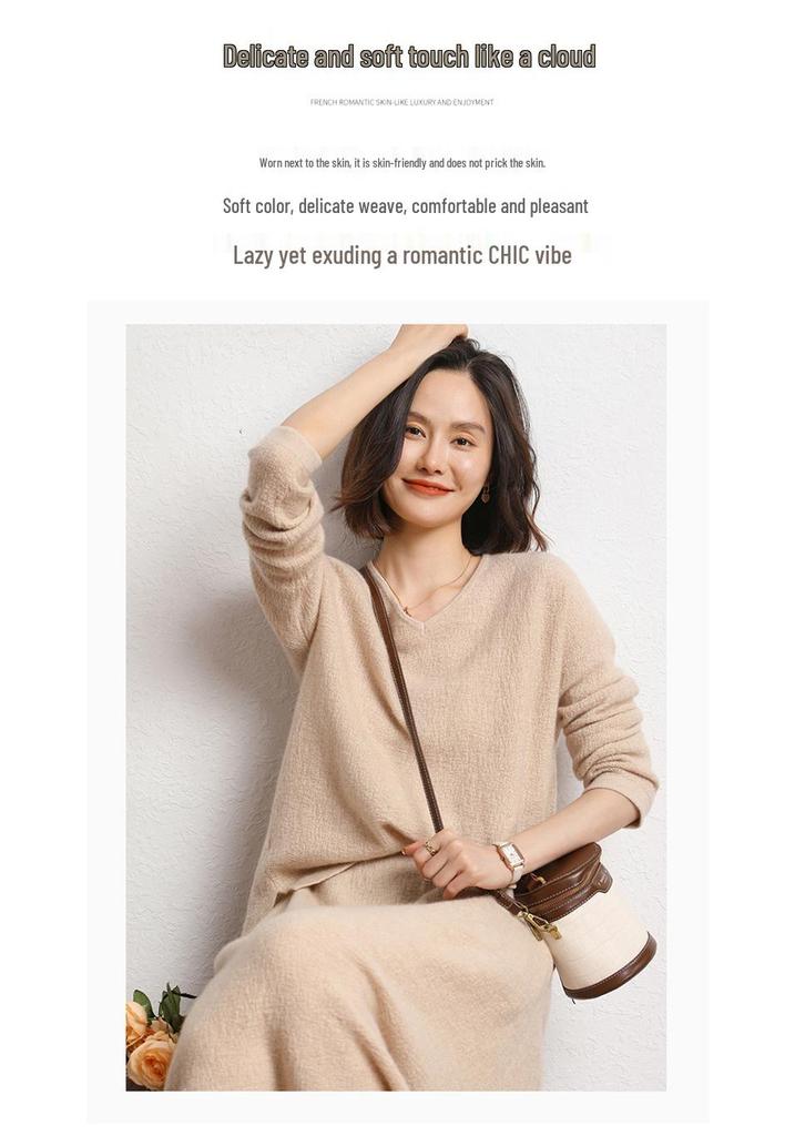 Korean Style Women's V-Neck Cashmere Pullover Sweater, 2023 New Loose Fit, Slimming & Flaw-Hiding Solid Color Knitwear