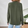 Women's Half Button Henley Shirts Pleated Notched V Neck Long Sleeve Blouses Curved Hem Loose Fit Solid Textured Tops