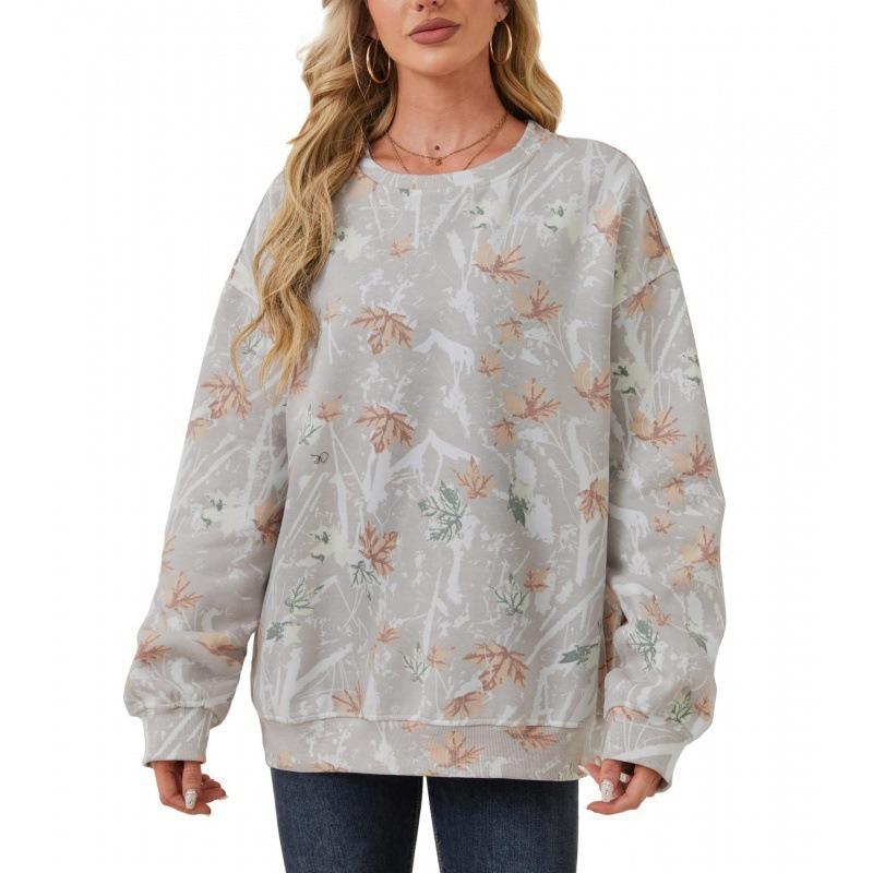 New Autumn and Winter Maple Leaf Print Round Neck Sweatshirt Pullover Hoodie Long Sleeve Women s Clothing S