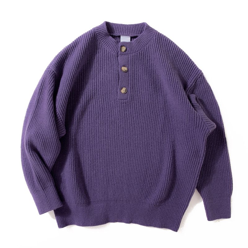 Heavyweight Thick American Retro Henley Collar Thick Knit Sweater for Men, Japanese Style Loose and Relaxed Sweater Jacket
