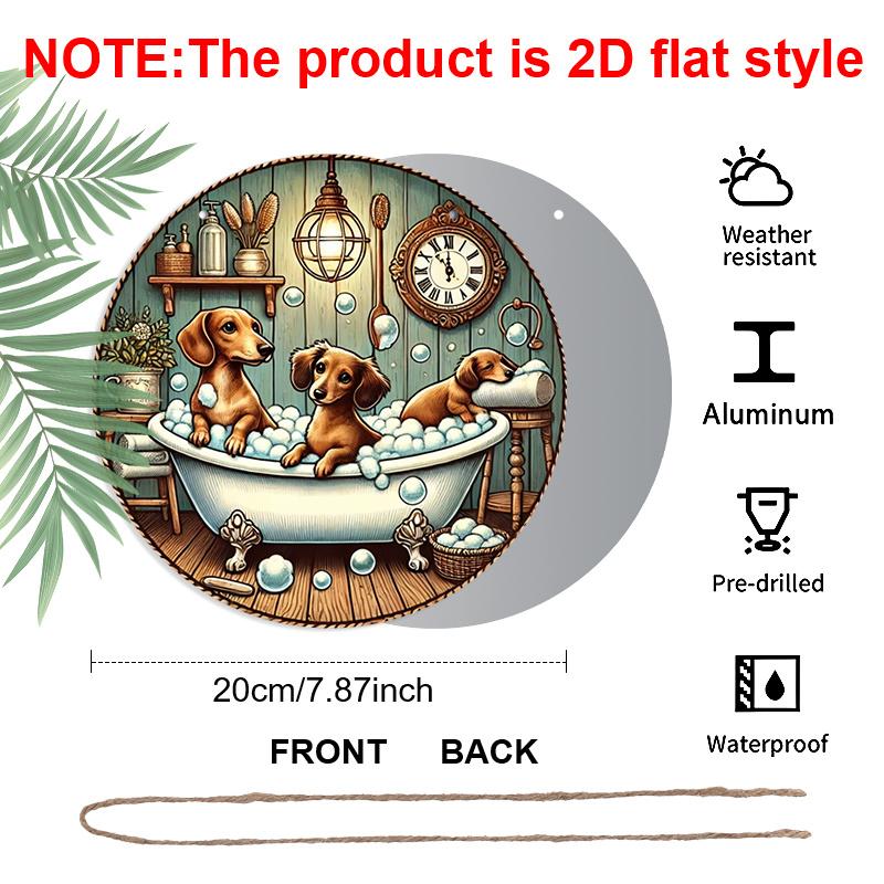2D Flat 1pc, Bathing Dog Theme Design, Flat Printed Aluminum Metal Signs, Circular Iron Hanging Picture, 8x8 Inch Wall Decoration, Bar, Cafe, Club