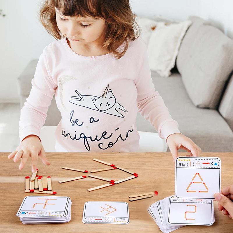 Montessori Streichhölzer Puzzlespiel Holzspielzeug DIY Mathematik Geometrie Brettspiel Denkspiel Streichholz Logik Training Lernspielzeug für Kinder