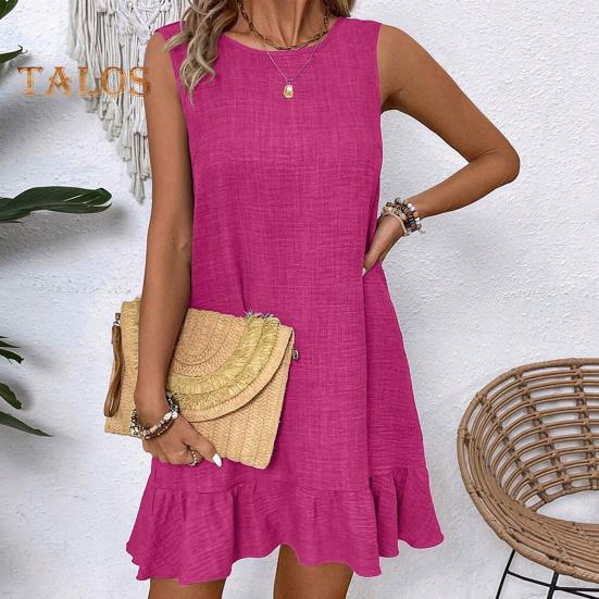 Sommerkleid mit Rüschensaum, locker, ärmellos, Rundhalsausschnitt, einfarbig, A-Linie, Minikleid für Strand, Verabredungen, Urlaub