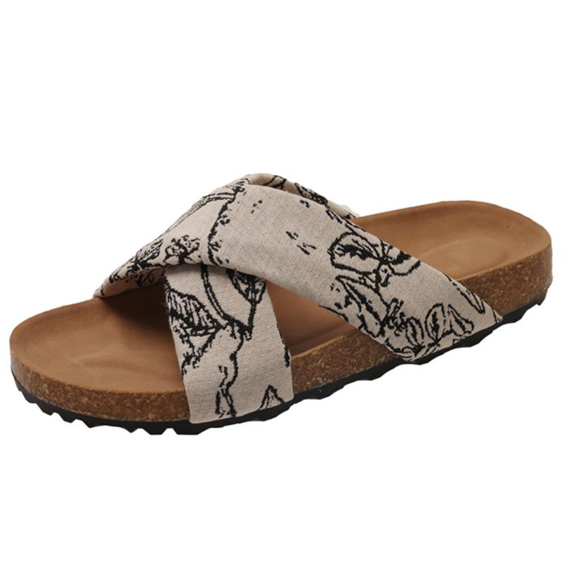 Flat-bottomed Cool Slippers Women's Summer 2025 New Outer Wear Lazy Fashion Cross Pregnant Women Non-slip New Chinese Floral Slippers