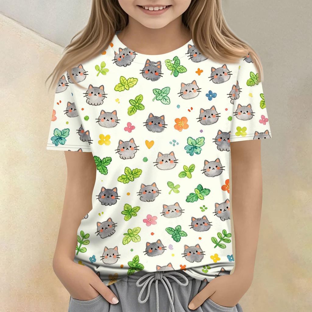 Kids Animal Print Crew Neck Short Sleeve Casual Loose Fit T Shirt Top Lightweight Soft Fabric Comfortable Wear