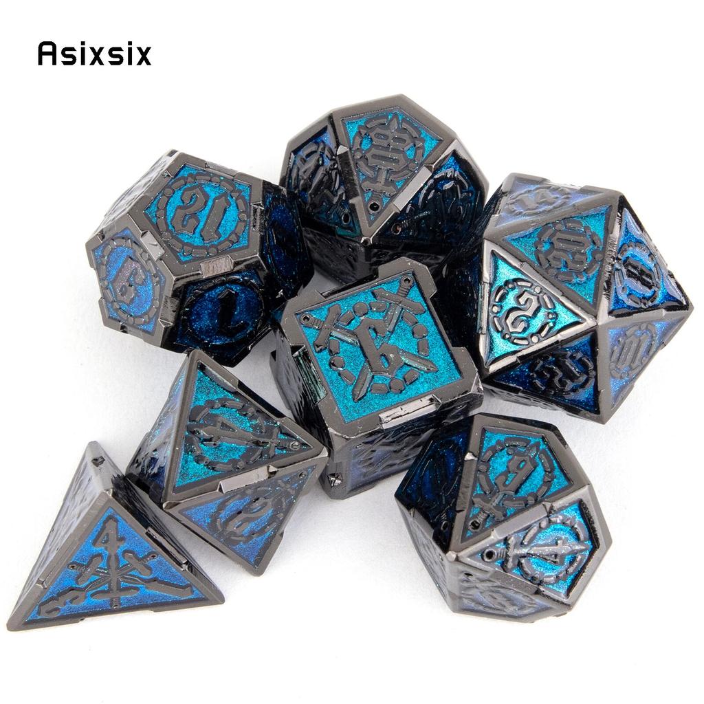 7 Pcs Blue Silver Double Swords Metal Dice Solid Polyhedral Dice Set Suitable for Role-Playing RPG   Pathfinder Board Game