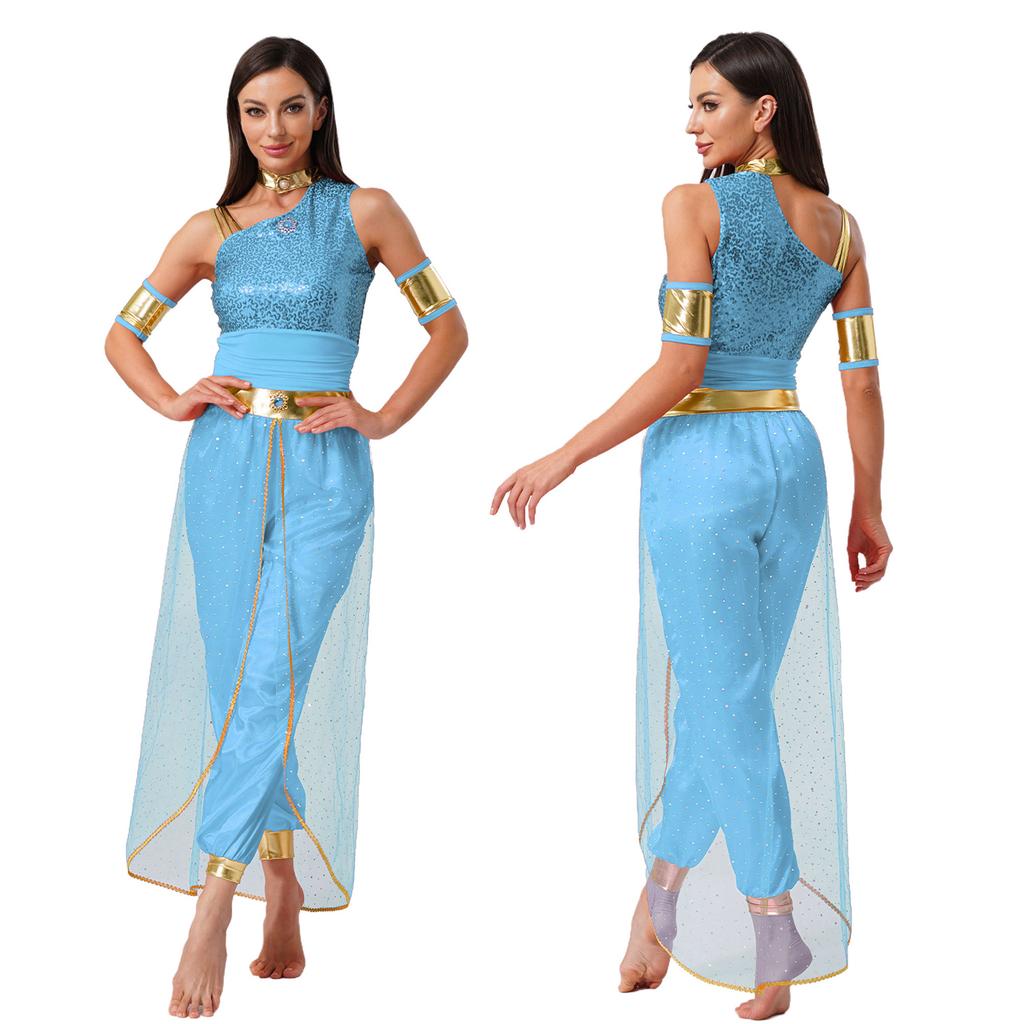 Glänzender Tüll Bauchtanzkostüm für Damen Arabischer Prinzessinnenstil Edelstein Dekor Jumpsuit Halloween Party