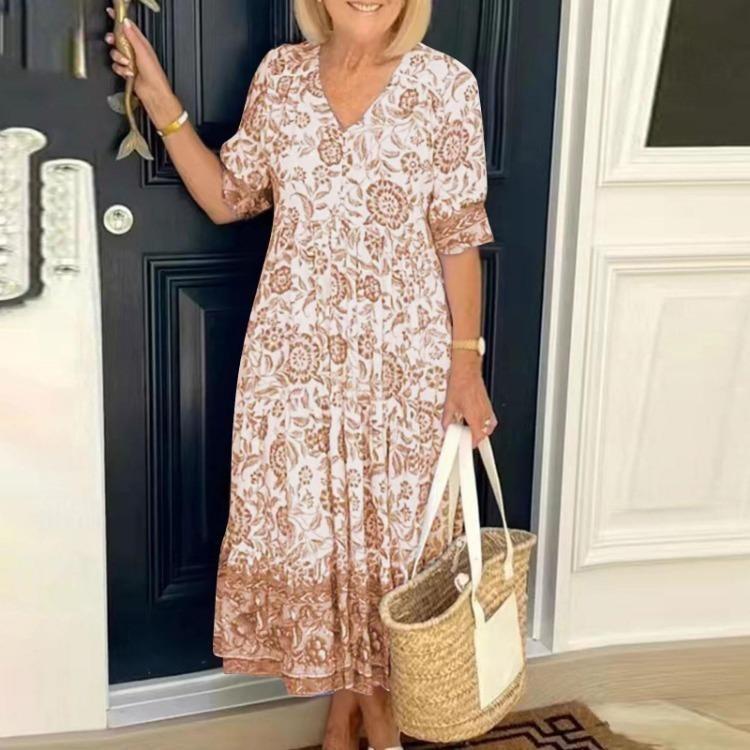 Floral Print Bohemian Maxi Dress Sexy V Neck Beach Party Short Sleeve Flowy Women