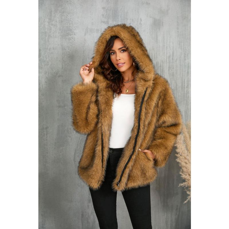 Imitation Fur Coat Solid Color Loose Hooded Short Fur Collar Coat Winter Coat Warm Winter Clothing