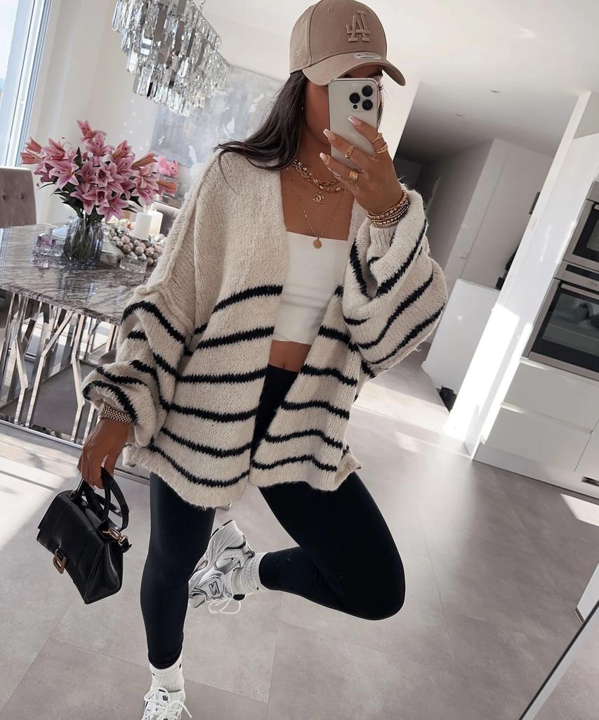 New autumn and winter sweater for women, loose contrasting stripes, reverse bone embroidery, knitted cardigan jacket for women 3583 KTB