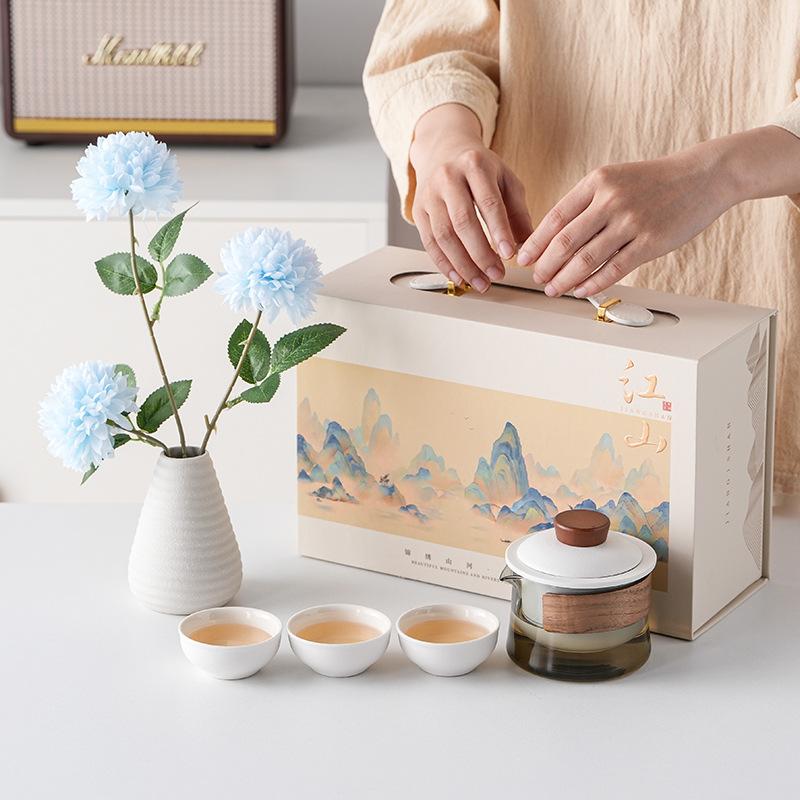 Light luxury splendid mountains and rivers, a pot of three cups in a gift box, the Forbidden City, and the national tide to send holiday
