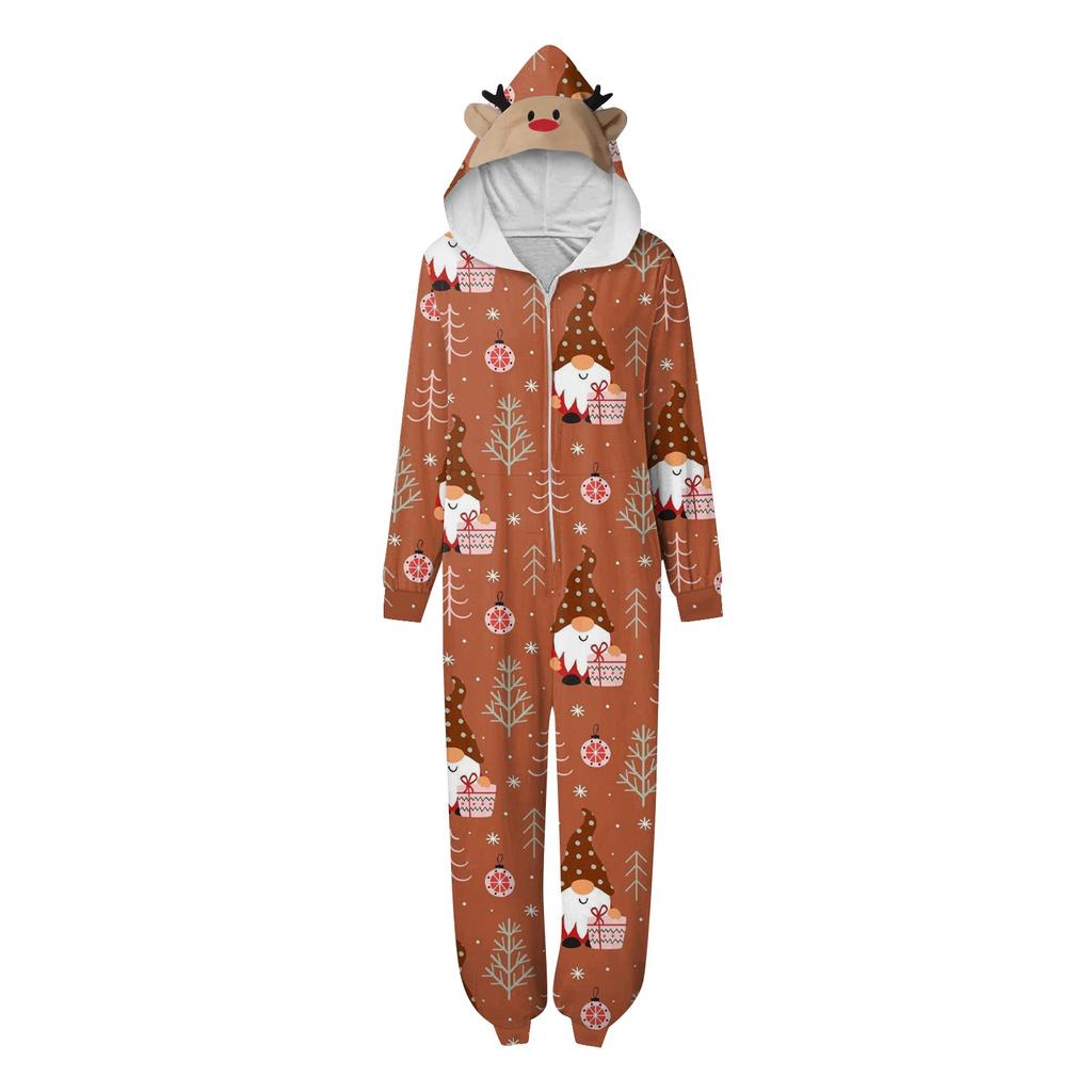 Christmas Print Family Matching Hooded Long Sleeved Zippered Jumpsuit Set