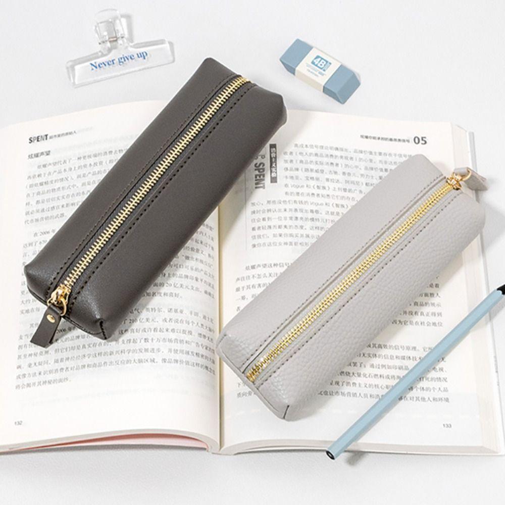 PU Leather Pen Case Zipper Pen Storage Bag Simple Stationery Organizer  School Office
