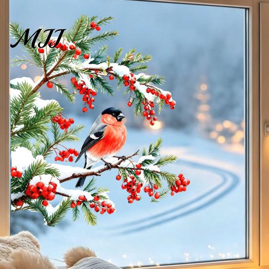 Non Adhesive Window Stickers Bullfinch And Red Berries Static Glass Sticker, Watercolor Winter Bird Decal, Decals Removable PVC Cling for Home